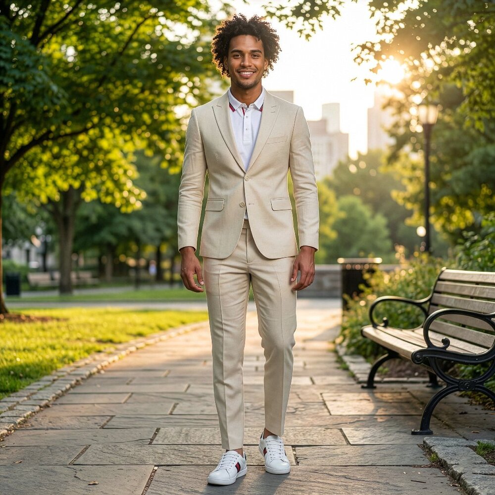 New 2026 Mens 2pc Linen Spring Light Tan Suit Set, Skinny Fit